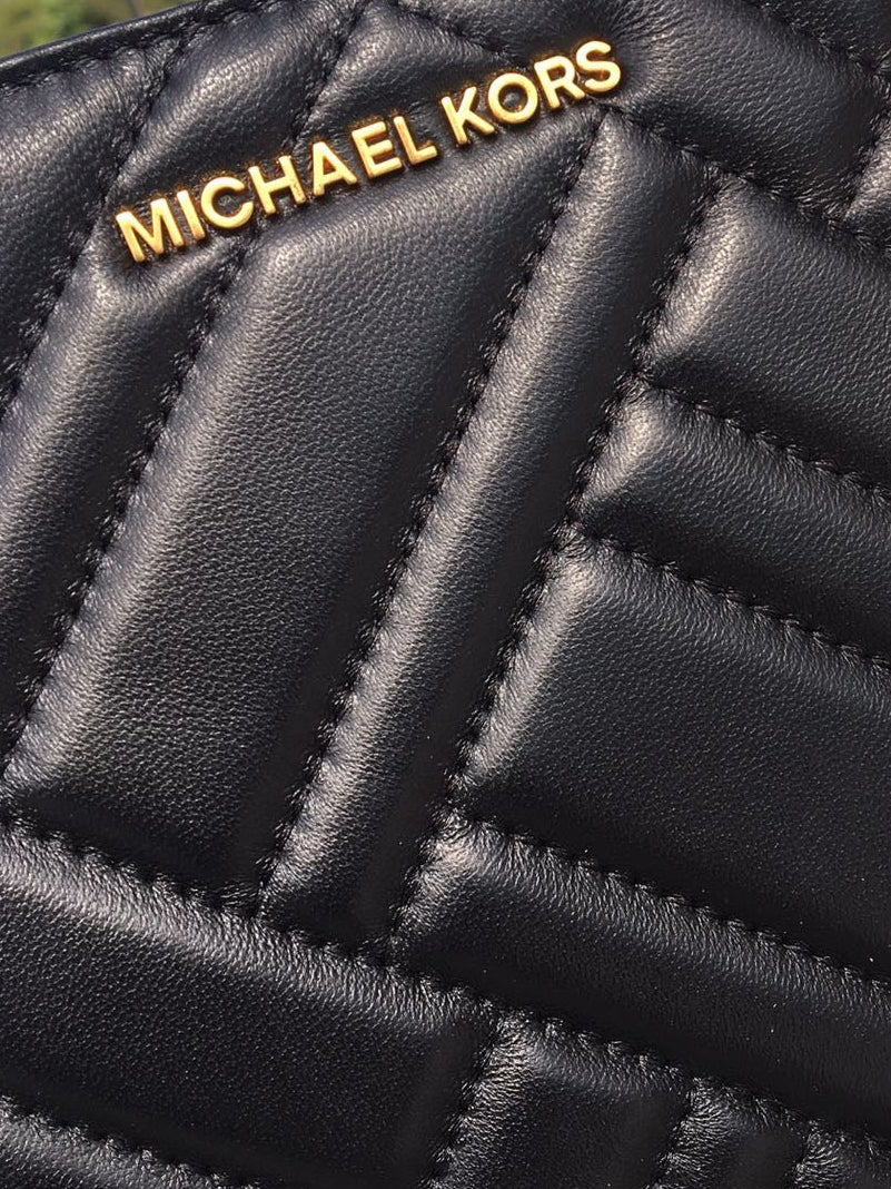 Michael Kors Vivianne Large Quilted Leather Tote Shoulder Bag – Black/Gold
