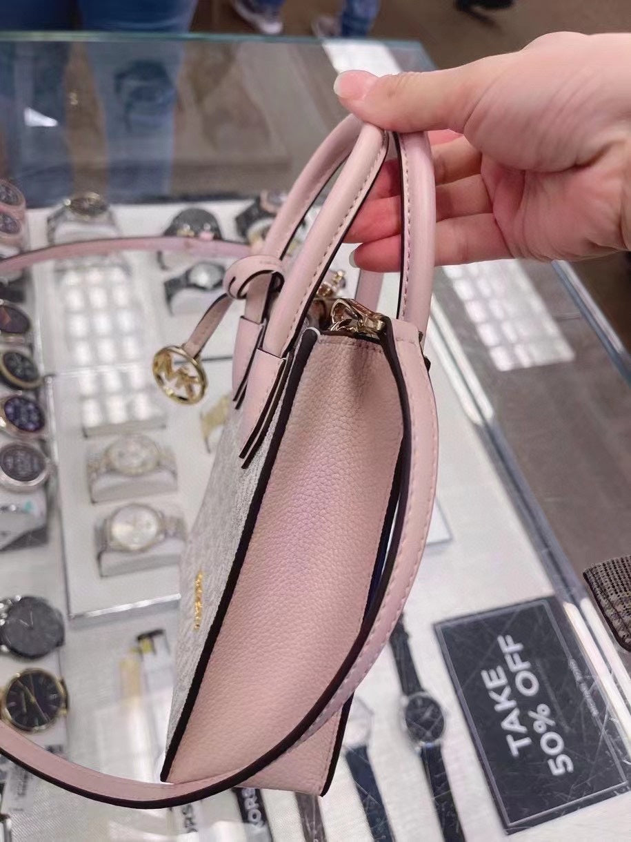 Michael Kors Mini Mercer Tote Bag – Signature Print with Pink Trim