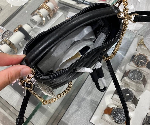 Michael Kors Suri Small Bucket Crossbody Bag – Black Quilted Leather (Gold Chain)