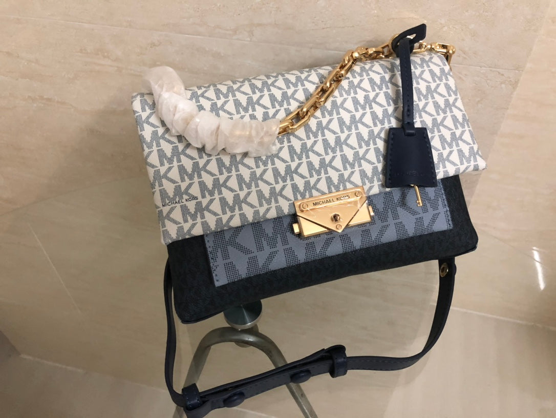 Michael Kors Cece Medium Logo Chain Shoulder Bag (Vanilla / Navy Multi)