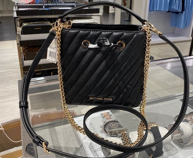 Michael Kors Suri Small Bucket Crossbody Bag – Black Quilted Leather (Gold Chain)