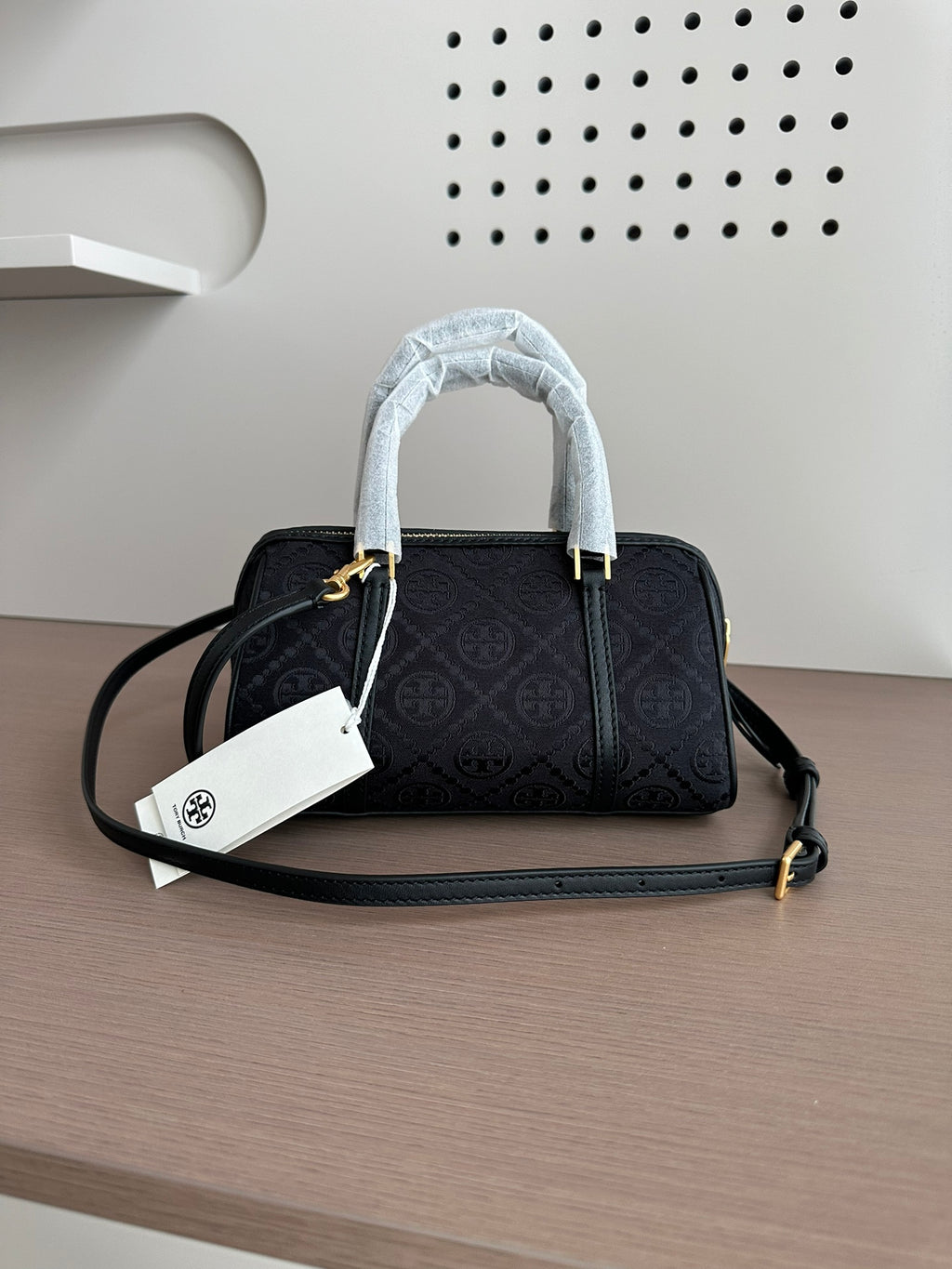 Tory Burch T Monogram Mini Barrel Bag – Navy Jacquard