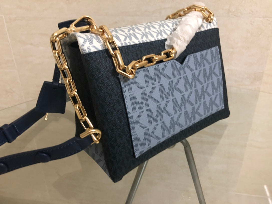 Michael Kors Cece Medium Logo Chain Shoulder Bag (Vanilla / Navy Multi)