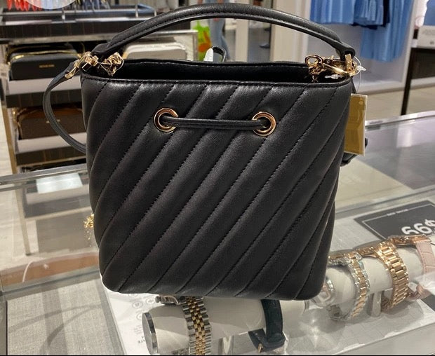 Michael Kors Suri Small Bucket Crossbody Bag – Black Quilted Leather (Gold Chain)