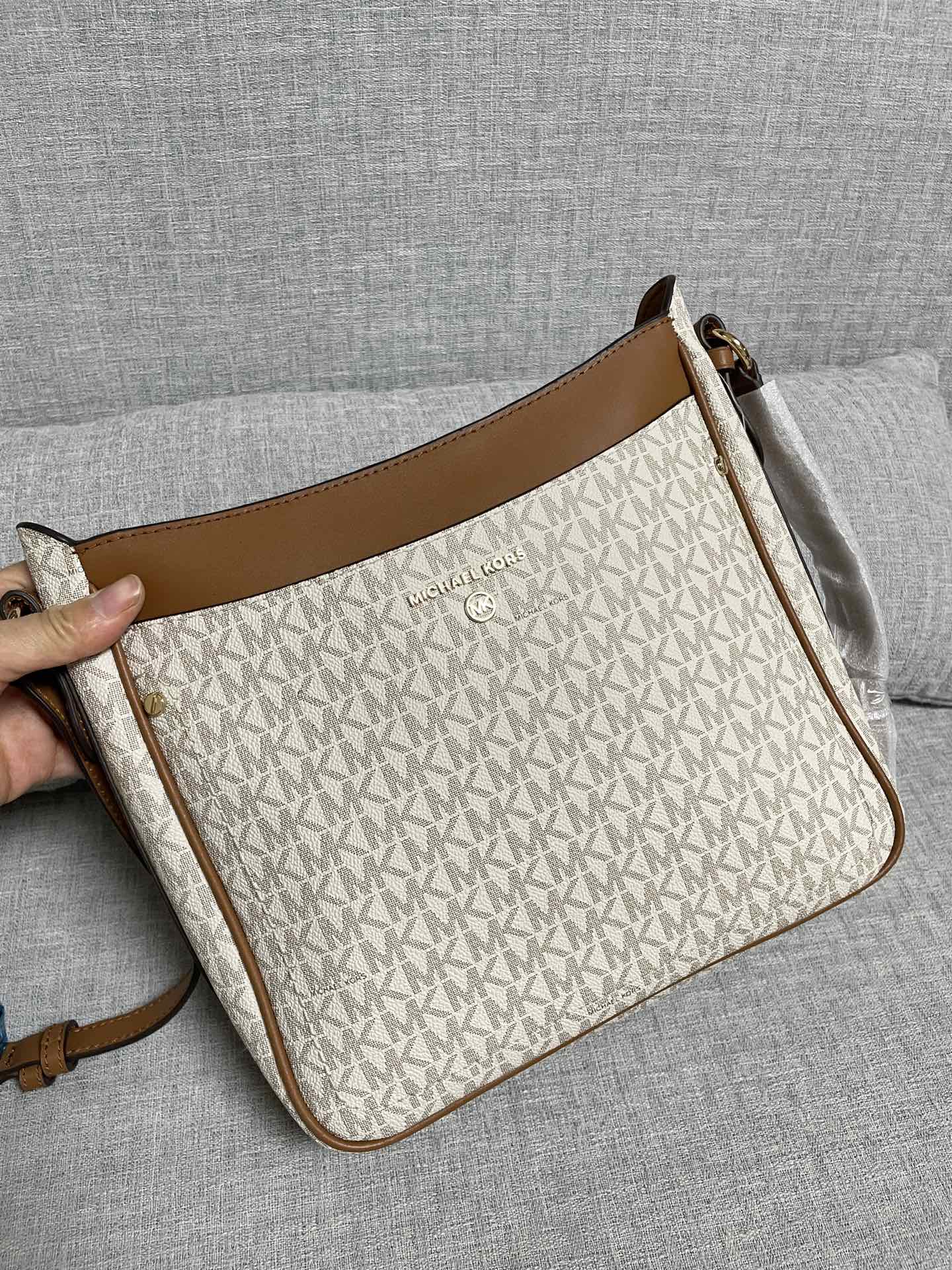 Michael Kors Jet Set Large Vertical Crossbody Bag – Brown/White Signature