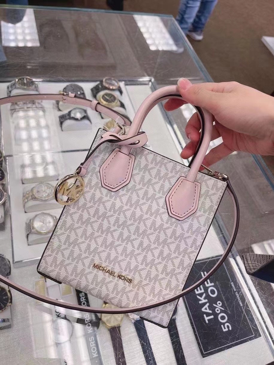 Michael Kors Mini Mercer Tote Bag – Signature Print with Pink Trim