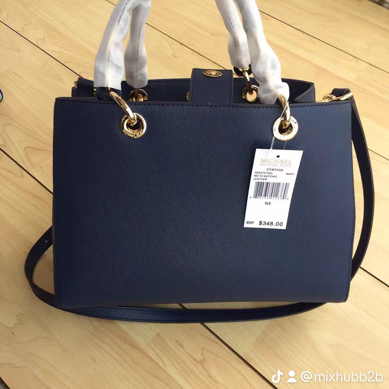 Michael Kors Cynthia Medium Saffiano Leather Satchel – Navy Blue