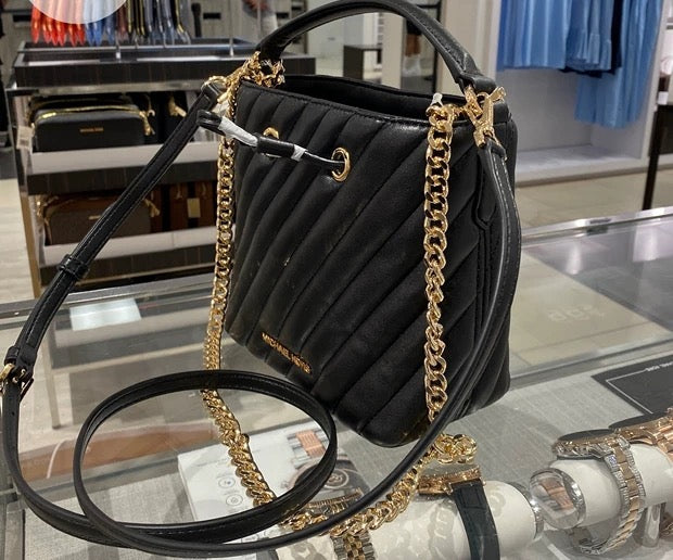 Michael Kors Suri Small Bucket Crossbody Bag – Black Quilted Leather (Gold Chain)
