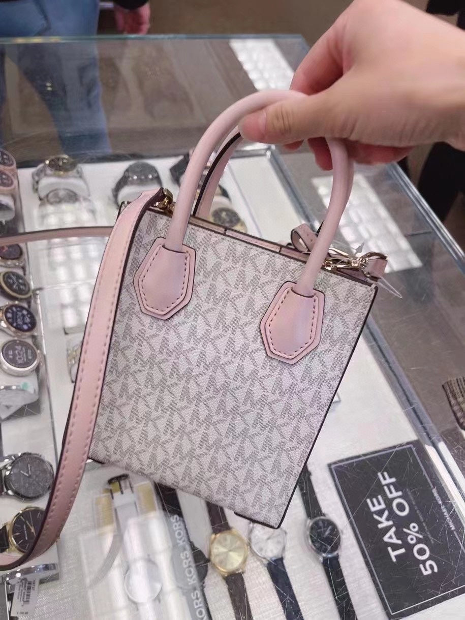 Michael Kors Mini Mercer Tote Bag – Signature Print with Pink Trim