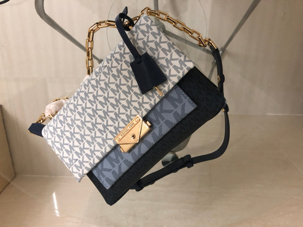 Michael Kors Cece Medium Logo Chain Shoulder Bag (Vanilla / Navy Multi)