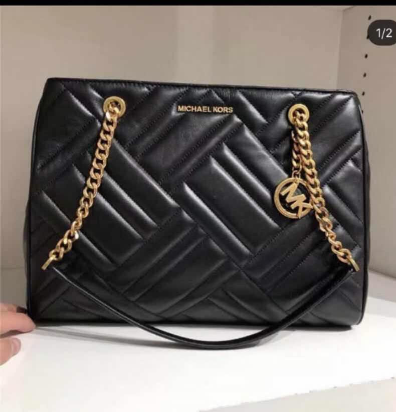 Michael Kors Vivianne Large Quilted Leather Tote Shoulder Bag – Black/Gold