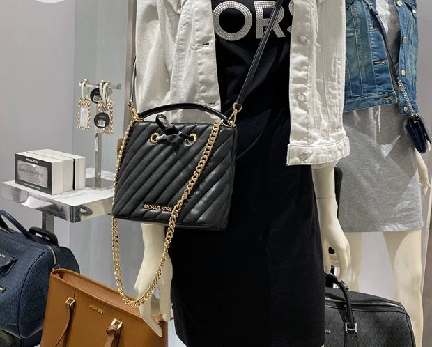 Michael Kors Suri Small Bucket Crossbody Bag – Black Quilted Leather (Gold Chain)