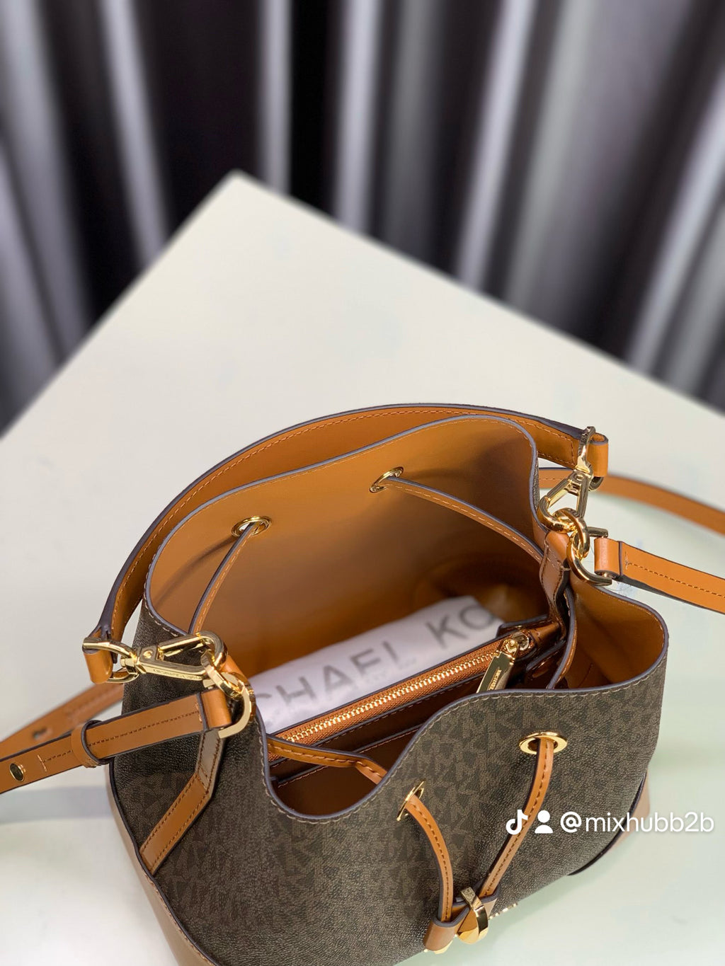 Michael Kors Mercer Mini Logo Bucket Bag – Borwn Signature Logo