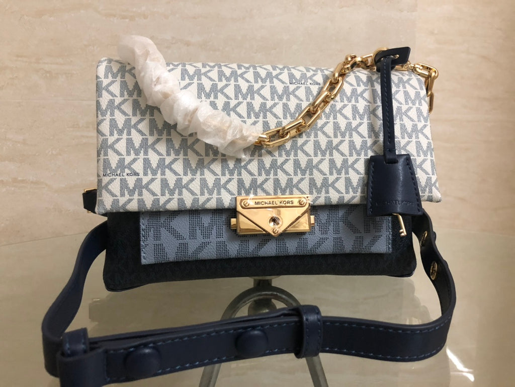 Michael Kors Cece Medium Logo Chain Shoulder Bag (Vanilla / Navy Multi)