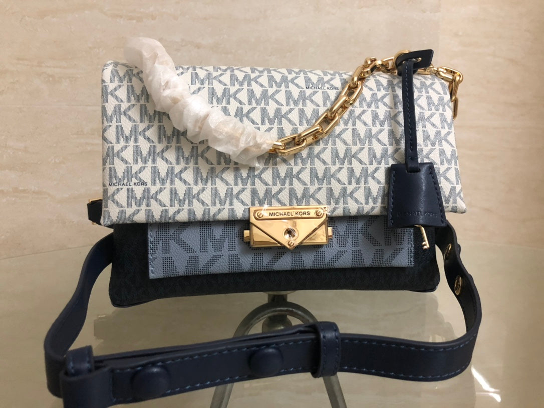 Michael Kors Cece Medium Logo Chain Shoulder Bag (Vanilla / Navy Multi)